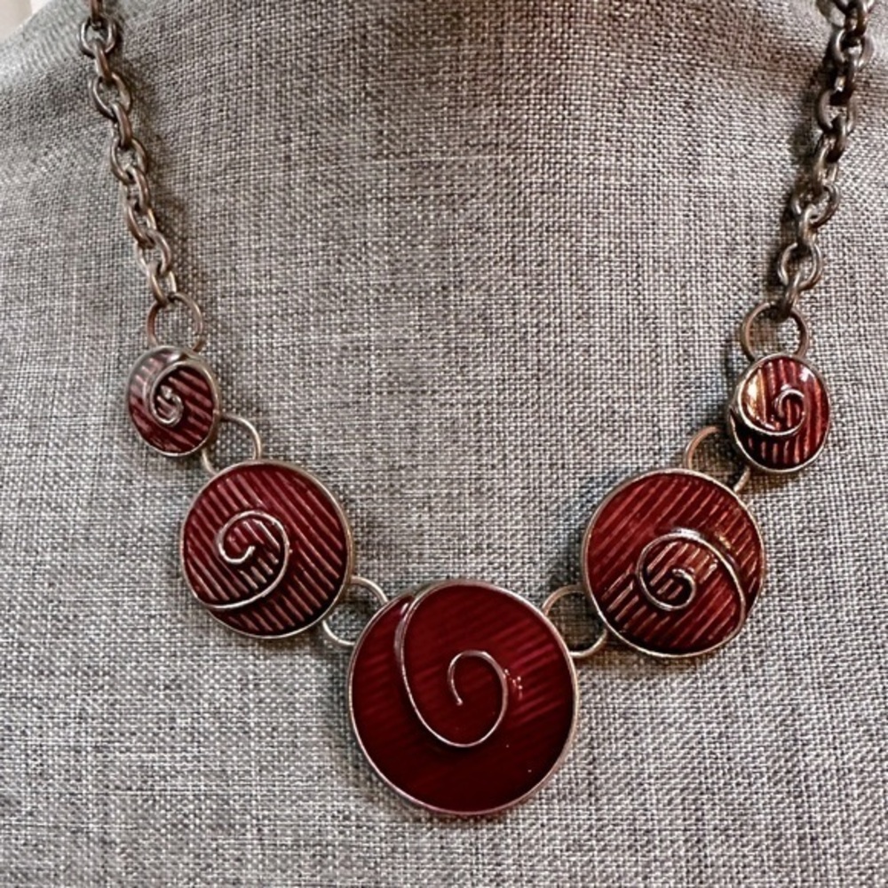 Red Swirl Enamel Necklace Discs Pewter Chain Statement Necklace 90s Retro Chunky